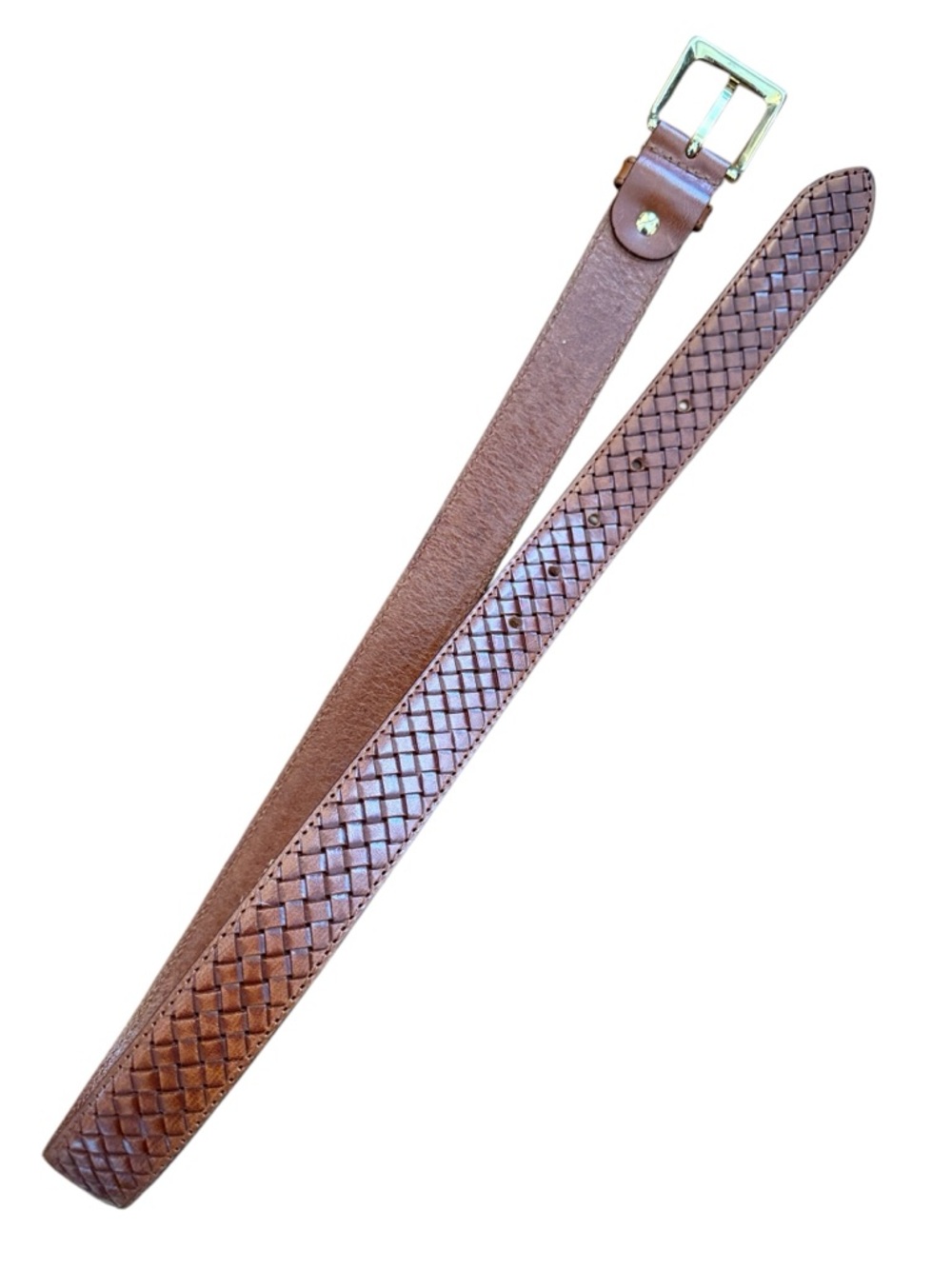 Italian Woven Leather Belt Brown Gold Buckle Made in Italy Unisex Fits 27-31 - Picture 9 of 15